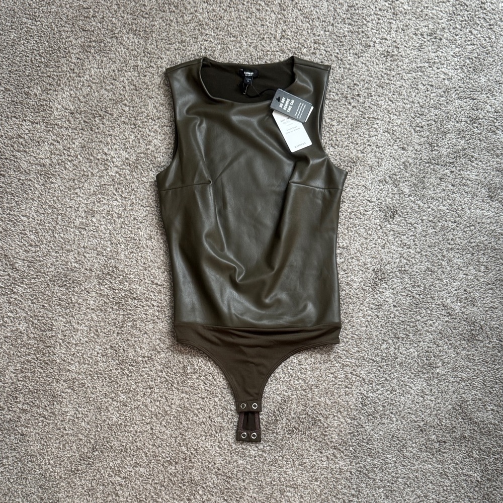 Express Dark Olive Faux Leather Bodysuit